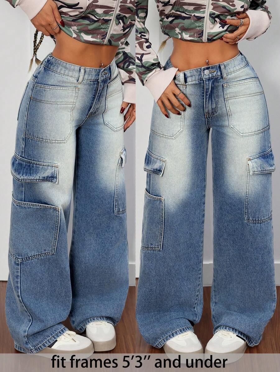 SHEIN PETITE 女士保暖内衬直筒牛仔裤，街头风格，牛仔蓝 - 深色水洗藍 - 查看 1