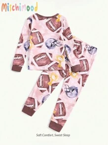 SHEIN 2 件女童休闲橄榄球图案长袖紧身睡衣套装，柔软温暖舒适，适合居家和睡眠