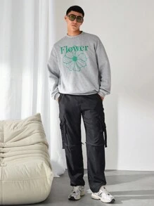 Manfinity INSISELF Sudadera holgada de cuello redondo con gráfico floral, de manga larga, color gris oscuro, para ir de salida, como regalo para amigos, esposo o novio