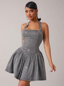 SHEIN SXY 女士挂脖式褶皱简约迷你连衣裙，休闲日常穿着 - 銀色 - 查看 5