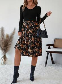 SHEIN Clasi Vestido de mujer con escote en V y panel AB, adecuado para otoño/invierno