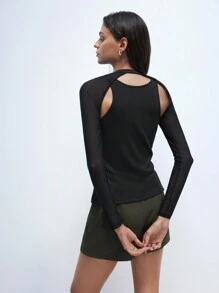 Maija Chaleco de punto negro sólido con transparencia y calado para mujer, con camiseta de manga larga con cuello redondo desmontable, para otoño/invierno - Negro - Ver 6