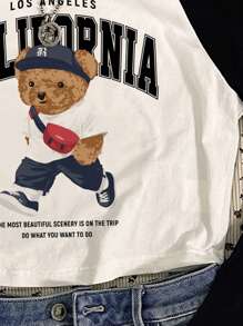 Attitoon 休闲黑白拼布熊图案短款圆领长袖修身女式 T 恤，适合春秋季节 - 黑與白 - 查看 5