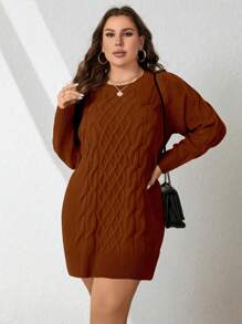Calvaya Plus Size Women Knit Crew Neck Long Sleeve Chunky Loose Casual Sweater Dress, Autumn/Winter - Redwood - View 5