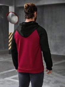 Manfinity CasualCool 男士秋季插肩袖拉链立领多口袋长袖休闲拼色连帽衫，适合送给朋友、丈夫、男朋友的礼物 - 酒紅色 - 查看 2