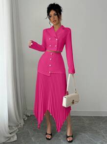 Elenzga 2 Pieces Women Suit Collar Ruched Button Pleated Asymmetric Elegant Set Fall Cloth For Women - Hot Pink - View 5