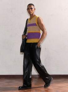 AKNOTIC Party 男士卡其色 & 紫色 & 黄色拼色条纹彩色 V 领粗针织无袖短款毛衣，适合休闲穿着和派对、度假、老钱男士、男友礼物 - 卡其色 - 查看 1