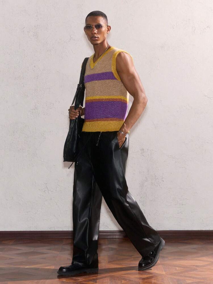 Męski sweter w kolorze khaki, fioletowym i żółtym w paski w kolorowe paski z dekoltem w serek, dzianinowy, bez rękawów, krótki, puszysty, odpowiedni na co dzień i na imprezy, na wakacje, dla starych mężczyzn z pieniędzmi, prezent dla chłopaka