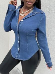 SHEIN SXY 女士性感修身弹力牛仔衬衫，蓝色 - 中等水洗藍 - 查看 1