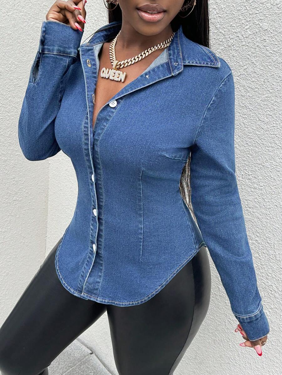 SHEIN SXY 女士性感修身弹力牛仔衬衫，蓝色 - 中等水洗藍 - 查看 1