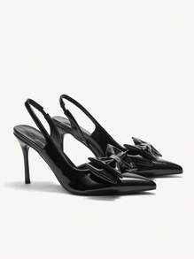 CUCCOO CHICEST 女士仿皮尖头高跟凉鞋，超大蝴蝶结设计，甜美优雅，适合约会、下午茶、圣诞节和新年假期派对，秋冬季节 - 黑色 - 查看 8