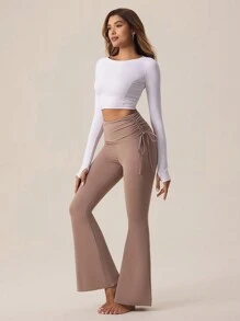 SHEIN Sports Women's Solid Color Drawstring Pleated Casual Sports Pants - Khaki - View 6