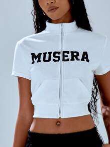 MUSERA Zip Through Short Sleeve Cropped Top - White - View 4