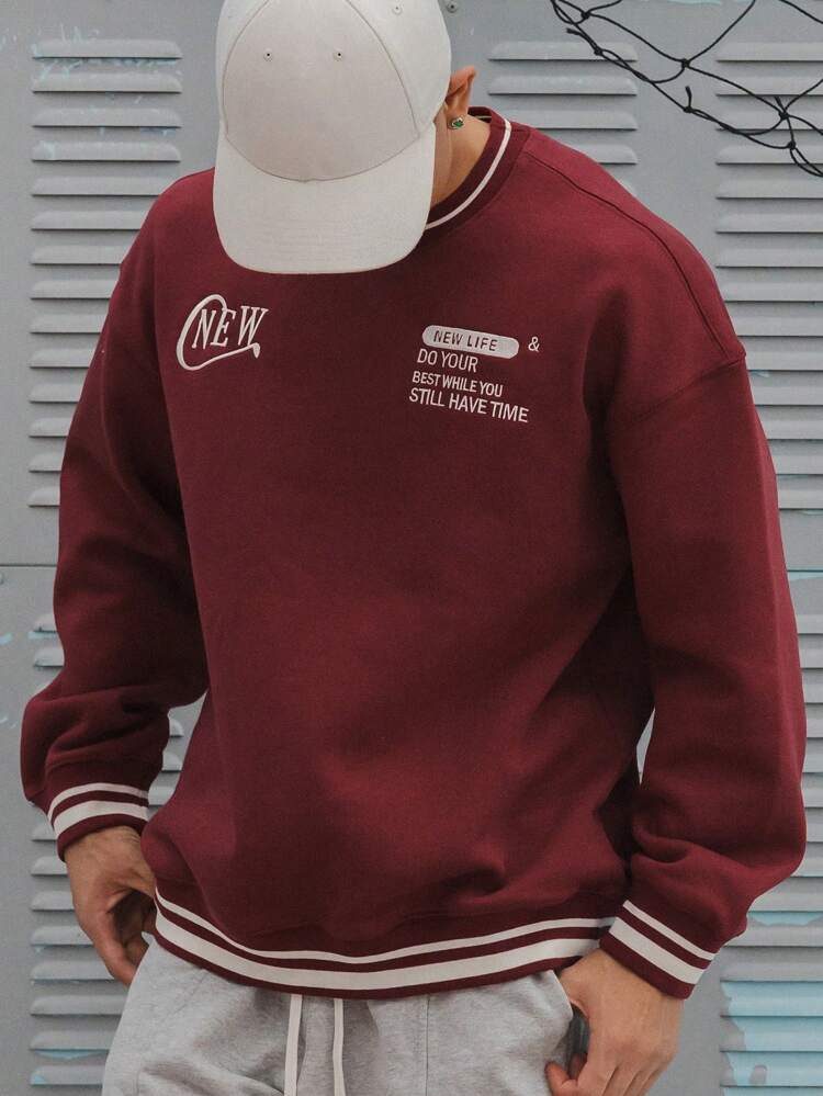 Men's Solid Color Patchwork Round Neck Long Sleeve Letter Print Pullover Sweatshirt, Fall Clothes