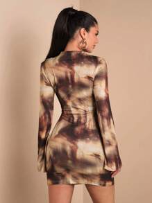 SHEIN BAE Váy ngắn ôm sát không đối xứng họa tiết nhuộm màu nâu đá cẩm thạch dành cho nữ có cổ giả, phù hợp cho tiệc cocktail, hẹn hò lãng mạn, mặc nhiều lớp vào mùa thu/đông, tiệc tùng, sự kiện trang trọng, Halloween, Giáng sinh - màu nâu - Xem 2