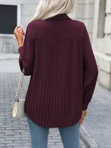 EMERY ROSE 女士纯色休闲/办公室通勤领衬衫，前开衩，后背褶皱，弧形下摆，长袖，适合春秋季节 - 紫紅色 - 查看 2