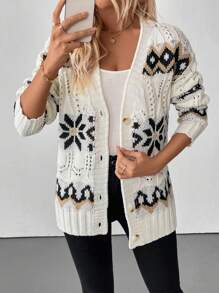 SHEIN LUNE 女式圣诞杏色 V 领钻石图案加厚保暖开衫 - 彩色 - 查看 5