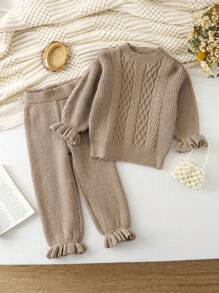SHEIN 2pcs Young Girl's Cute Solid Color Ruffle Patchwork Knit Set, Round Neck Long Sleeve Sweater And Pants, Autumn/Winter - Khaki - View 1