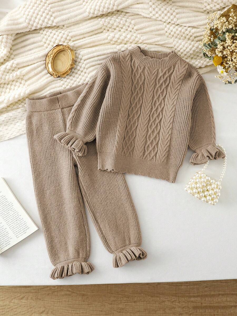 SHEIN 2pcs Young Girl's Cute Solid Color Ruffle Patchwork Knit Set, Round Neck Long Sleeve Sweater And Pants, Autumn/Winter - Khaki - View 1