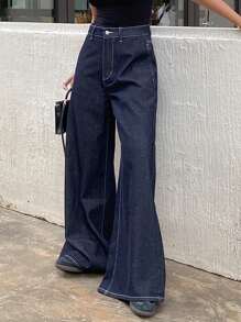 DAZY Quần Jeans Ống Rộng Màu Trơn Rộng Có Túi Cho Nữ - Màu xanh lam - Xem 3