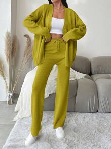 EURMUSE 2pcs Women Solid Color Front Button Long Sleeve Top And Knotted Pants Casual Knit Suit - Olive Green - View 3