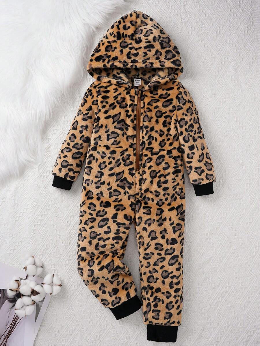 年轻女孩豹纹法兰绒长袖连帽连体衣保暖睡衣家居服 - 彩色 - 查看 1