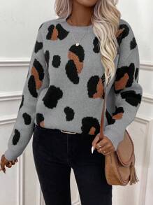 SHEIN LUNE Jersey casual de cuello redondo de manga larga con detalle de estampado de leopardo para mujer