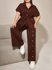 RueChic 2 Pcs Button Detail Sweater Pant+ Belted Sweater - Brown - View 1