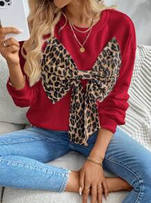 SHEIN LUNE 纯色针织撞色豹纹蝴蝶结装饰休闲连帽衫，秋冬款 - 酒紅色 - 查看 6