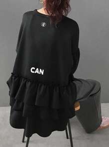 FRIFUL Women's Letter Print Round Neck Drop Shoulder Long Sleeve Ruffle Hem Loose T-Shirt, Autumn,Fall Women Clothes - Black - View 3