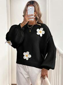 Chiquease 女士休闲日常宽松落肩花卉刺绣毛衣，秋冬