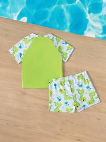 SHEIN Baby Boy Cute Cartoon Dinosaur Print Short Sleeve Top And Shorts 2pcs Swimsuit Set, Suitable For Summer Beach, Swimming, Water Park