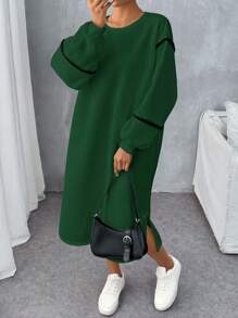 SHEIN LUNE Women's Autumn/Winter Floral Patched Trim Round Neck Loose Straight Casual Sweatshirt Dress