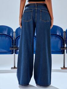 MUSERA 缝线细节阔腿低腰牛仔裤，90年代Y2K街头风春季款 - 藍色 - 查看 2