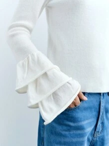 Maija Women's Elegant Ruffled Collar Wave Hem Multi-Layer Sleeve Soft & Comfy White Sweater, Suitable For Daily Wear, Party, Valentine's Day