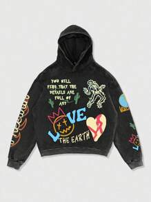 ROMWE MEN Street Life Men's Graffiti Print Distressed Loose Short Fit Hoodie - Black - View 1