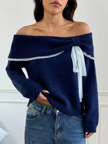 Flirla Women Off Shoulder Casual Cute & Playful Contrast Lace Short Sweater Knit Pullover Fall Winter Outfit - Navy Blue - View 3