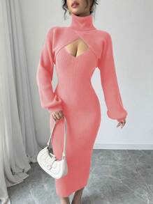 Chiquease V 领无袖紧身毛衣裙 + 交叉灯笼袖短款高领毛衣套装