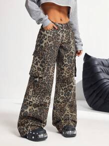 SHEIN PETITE Pantalones vaqueros de cintura baja y pierna ancha sexy para mujer, pantalones cargo de algodón con estampado de leopardo