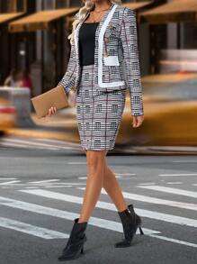 SHEIN Clasi Bộ đồ 2 món cho nữ: Áo khoác dài tay kẻ caro đen trắng + Chân váy ôm sát midi, Trang phục hai mảnh thu/đông - Đen và trắng - Xem 5