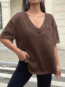SHEIN EZwear 1 件女式纯色 V 领短袖口袋休闲 T 恤，棕色 - 棕色 - 查看 4