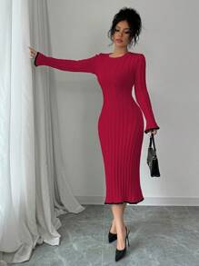 Elenzga Vestido de punto casual simple con cuello redondo, manga larga y cordones en la espalda en bloque de color para mujer, atuendo para el Año Nuevo