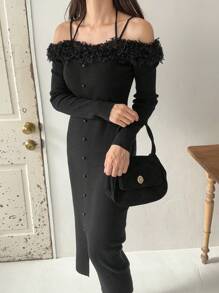 FRIFUL Women Autumn/Winter Solid Color Fluffy Splice Long Sleeve Form-Fitting Elegant Knitted Dress Women Sweater Dresses - Black - View 4
