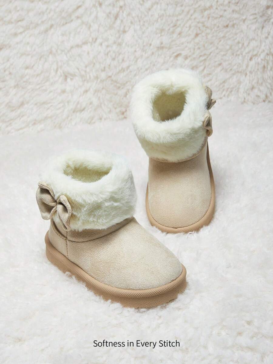Cozy Pixies 米色女婴蝴蝶结毛绒时尚保暖可爱舒适休闲运动雪地靴,适合日常锻炼和户外活动,秋冬季鞋款 - 米色 - 查看 1