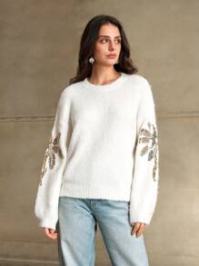 Anewsta Suéter de cuello redondo para mujer con decoración de lentejuelas y bordados, de alta gama, para otoño/invierno
