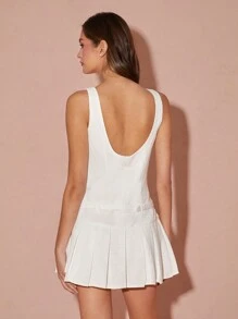 Enchnt Women Solid Color Round Neck Sleeveless Pleated Hem Casual Mini Dress - White - View 3