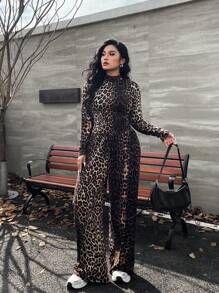 SHEIN EZwear 大码女式豹纹两件套服装，女士冬季服装 - 彩色 - 查看 5
