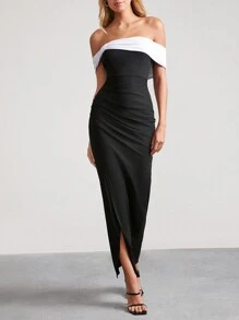 SHEIN Clasi Vestido ceñido con hombros descubiertos, lazo y abertura para mujer