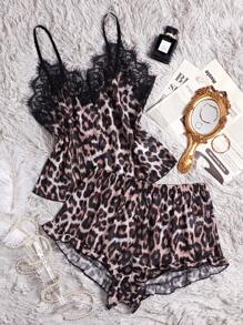 Leopard Print Lace Trim Mesh Cami Top & Shorts PJ Set / Pajama Set