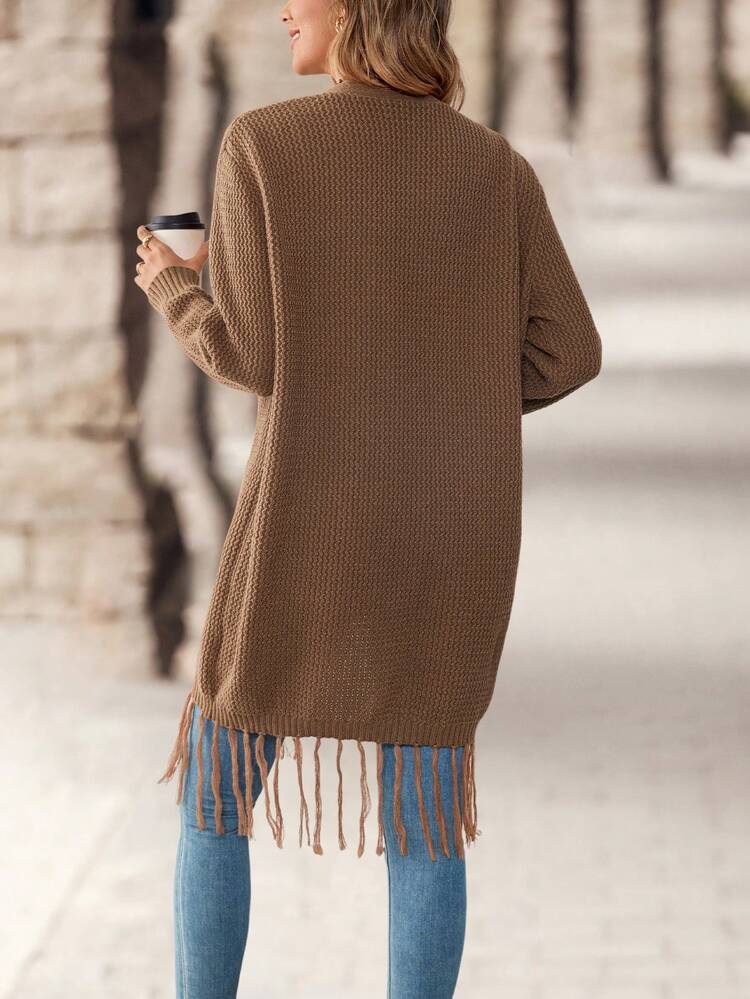 Women's Solid Color Tassel Trim Pocket Cardigan Long Cardigan Sweaters For Women Es